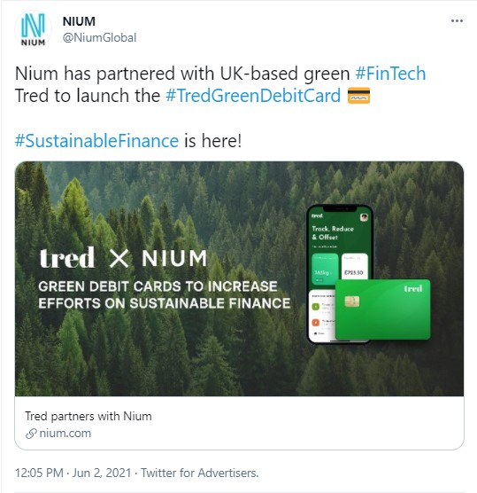 Ripple Müşterisi Nium, İngiltere’nin İlk Yeşil Banka Kartını Vermek İçin Tred Fintech ile Ortak Oldu.